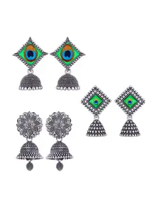 MEENAZ Set Of 3 Silver-Plated Dome Shaped Jhumkas