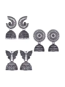 MEENAZ Set Of 3 Silver-Plated Dome Shaped Jhumkas