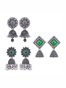 MEENAZ Set Of 3 Stainless Steel Silver Plated Artificial Stones and Beads Studded Earrings