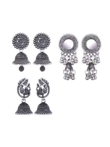 MEENAZ Set Of 3 Silver-Plated Stainless Steel Oxidised Contemporary Jhumkas