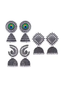 MEENAZ Set Of 3 Stainless Steel Silver Plated Artificial Stones and Beads Studded Earrings