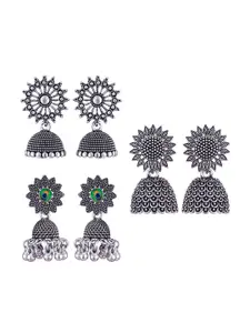 MEENAZ Set Of 3 Silver-Plated Stainless Steel Peacock Shaped Jhumkas