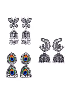 MEENAZ Set Of 3 Silver-Plated Stainless Steel Studded & Beaded Peacock Shaped Jhumkas