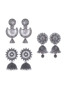 MEENAZ Set Of 3 Silver-Plated Dome Shaped Stainless Steel Jhumkas