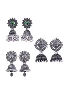 MEENAZ Set Of 3 Silver-Plated Dome Shaped Jhumkas