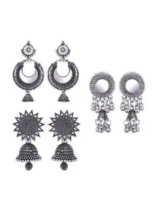 MEENAZ Set of 3 Silver Plated Oxidised Jhumkas