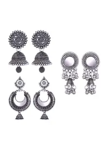 MEENAZ Set Of 3 Silver-Plated Stone-Studded & Beaded Peacock Shaped Oxidised Jhumkas