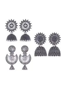 MEENAZ Set Of 3 Silver-Plated Stainless Steel Peacock Shaped Jhumkas