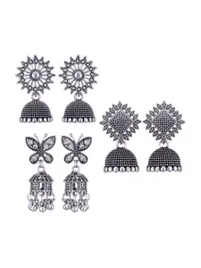 MEENAZ Set Of 3 Silver-Plated Peacock Shaped Jhumkas