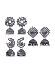 MEENAZ Set Of 3 Silver-Plated Dome Shaped Oxidised Jhumkas
