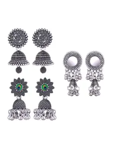 MEENAZ Set Of 3 Silver-Plated Dome Shaped Oxidised Jhumkas