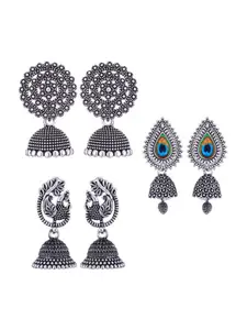 MEENAZ Set of 3 Silver-Plated Dome Shaped Jhumkas Earrings