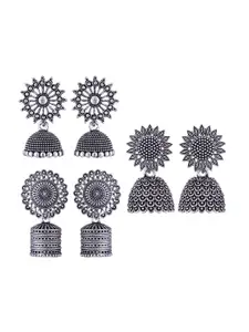 MEENAZ Set Of 3 Silver-Plated Oxidised Peacock Shaped Jhumkas