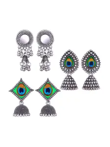 MEENAZ Set Of 3 Silver-Plated Oxidised Dome Shaped Jhumkas