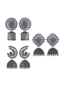 MEENAZ Set Of 3 Silver-Plated Stainless Steel Studded & Beaded Peacock Shaped Jhumkas