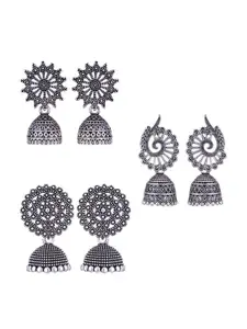 MEENAZ Set Of 3 Silver-Plated Oxidised Peacock Shaped Jhumkas