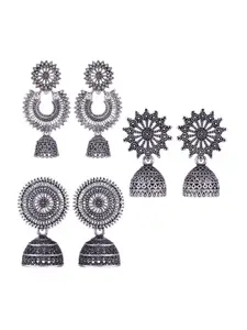 MEENAZ Set Of 3 Silver-Plated Peacock Shaped Jhumkas