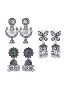 MEENAZ Set Of 3 Silver-Plated Stainless Steel Studded & Beaded Peacock Shaped Jhumkas