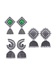 MEENAZ Set Of 3 Silver-Plated Stainless Steel Peacock Shaped Jhumkas