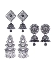 MEENAZ Set Of 3 Dome-Shaped Silver-Plated Jhumkas