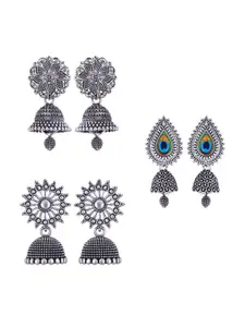 MEENAZ Silver-Toned & Black Peacock Shaped Jhumkas Earrings