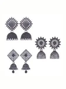 MEENAZ Set Of 3 Silver-Plated Oxidised Dome Shaped Jhumkas