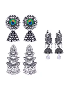 MEENAZ Set Of 3 Silver-Plated Stainless Steel Studded & Beaded Peacock Shaped Jhumkas