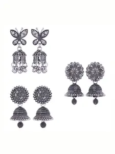 MEENAZ Set Of 3 Silver-Plated Oxidised Peacock Shaped Jhumkas