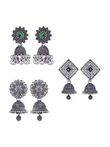 MEENAZ Set Of 3 Silver Plated Stone Studded & Beaded Oxidised Peacock Shaped Jhumkas