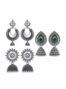 MEENAZ Set Of 3 Silver-Plated Stainless Steel Peacock Shaped Jhumkas