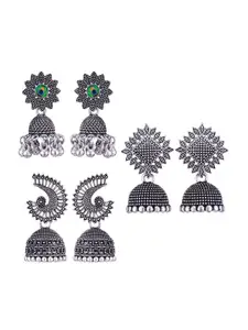 MEENAZ Set Of 3 Silver-Plated Dome Shaped Oxidised Jhumkas