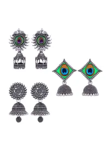 MEENAZ Set Of 3 Silver-Plated Dome Shaped Oxidised Jhumkas