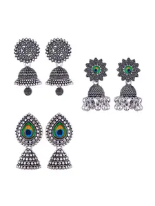MEENAZ Set of 3 Silver-Plated Dome Shaped Jhumkas Earrings