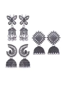 MEENAZ Set Of 3 Silver-Plated Stone-Studded & Beaded Peacock Shaped Oxidised Jhumkas