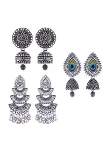 MEENAZ Set of 3 Silver-Plated Dome Shaped Jhumkas Earrings