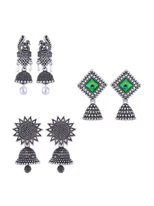 MEENAZ Set Of 3 Stainless Steel Silver Plated Oxidised Dome Shaped Jhumkas