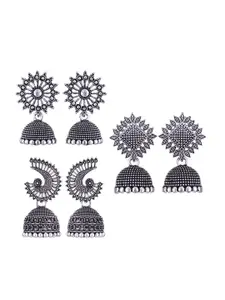 MEENAZ Set Of 3 Silver-Plated Dome Shaped Jhumkas