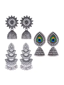 MEENAZ Set of 3 Silver Plated Oxidised Jhumkas