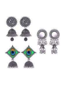 MEENAZ Set of 3 Silver Plated Oxidised Jhumkas