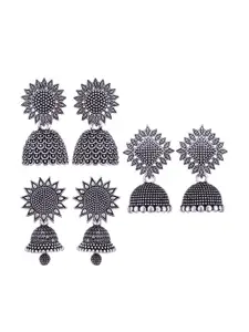 MEENAZ Set Of 3 Silver-Plated Stone-Studded & Beaded Peacock Shaped Oxidised Jhumkas