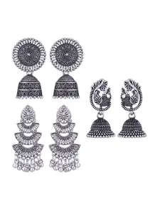 MEENAZ Set Of 3 Silver-Plated Oxidised Peacock Shaped Jhumkas