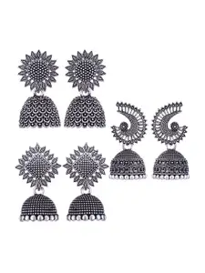 MEENAZ Set Of 3 Silver-Plated Oxidised Peacock Shaped Jhumkas