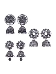 MEENAZ Set Of 3 Peacock Shaped Silver-Plated Jhumkas