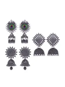 MEENAZ Set Of 3 Silver Plated Oxidised Dome Shaped Stainless Steel Jhumkas