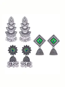MEENAZ Set Of 3 Silver-Plated Stainless Steel Oxidised Contemporary Jhumkas