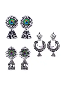MEENAZ Set Of 3 Silver-Plated Stainless Steel Peacock Shaped Enamelled Jhumkas