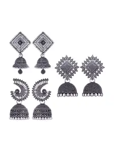 MEENAZ Set Of 3 Silver-Plated Oxidised Peacock Shaped Jhumkas