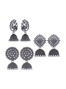 MEENAZ Set Of 3 Silver-Plated Peacock Shaped Jhumkas