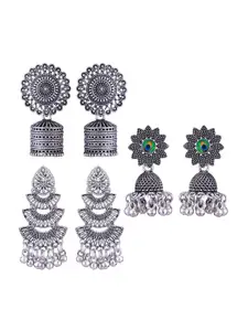 MEENAZ Set Of 3 Silver-Plated Stainless Steel Peacock Shaped Jhumkas
