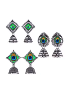 MEENAZ Set Of 3 Stainless Steel Silver-Plated Peacock Shaped Jhumkas Earrings